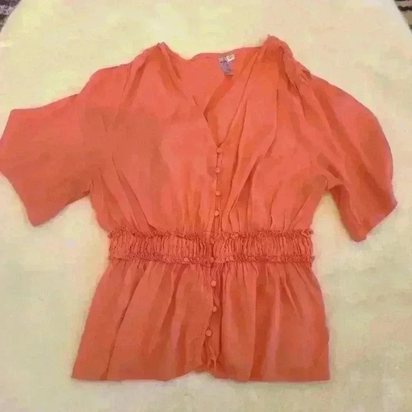 Alya Tops - Alya Bright Peach Coral Sleeved Button Down Top Blouse XLarge
